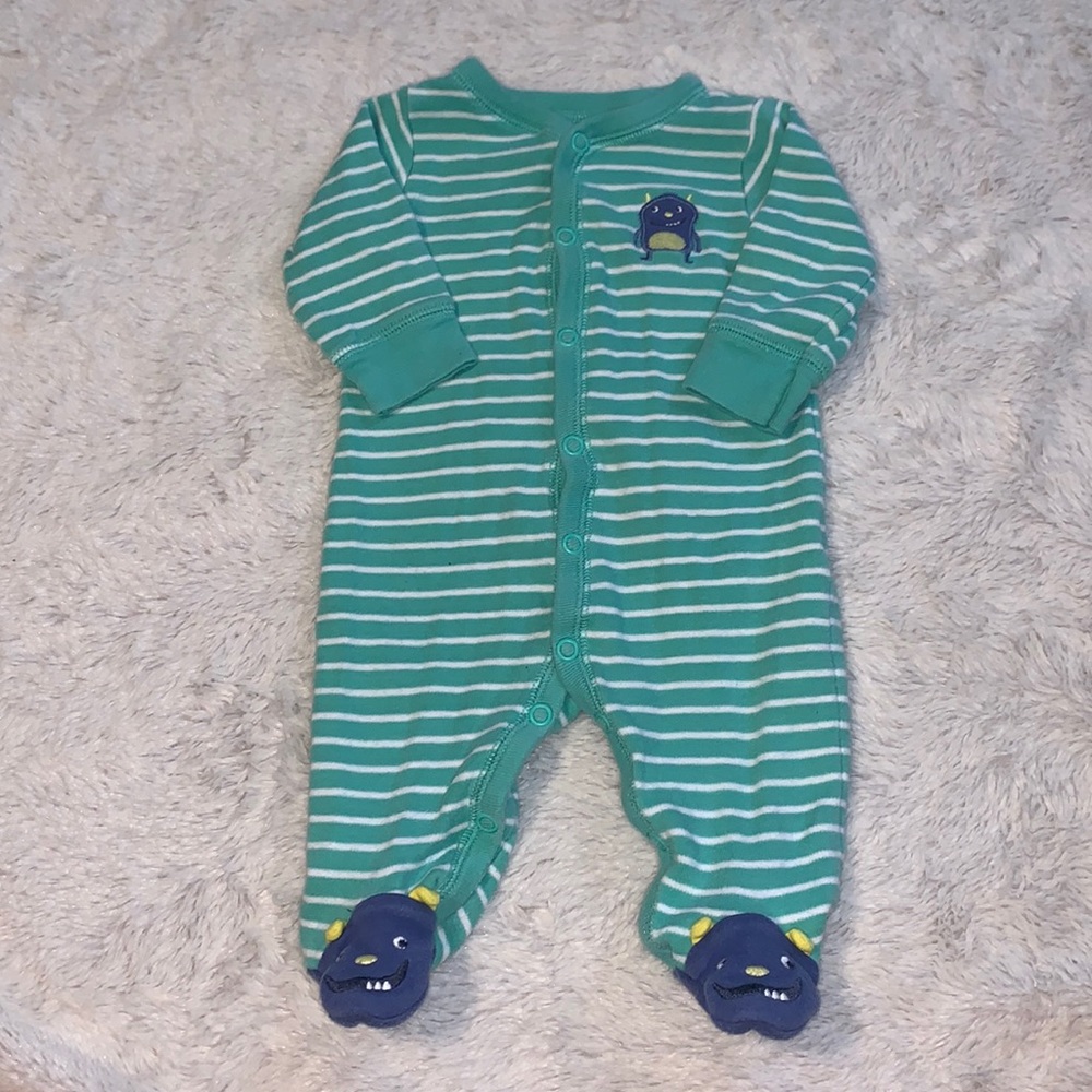 (2 for $10) carters 3 month striped green monster footie/ sleeper